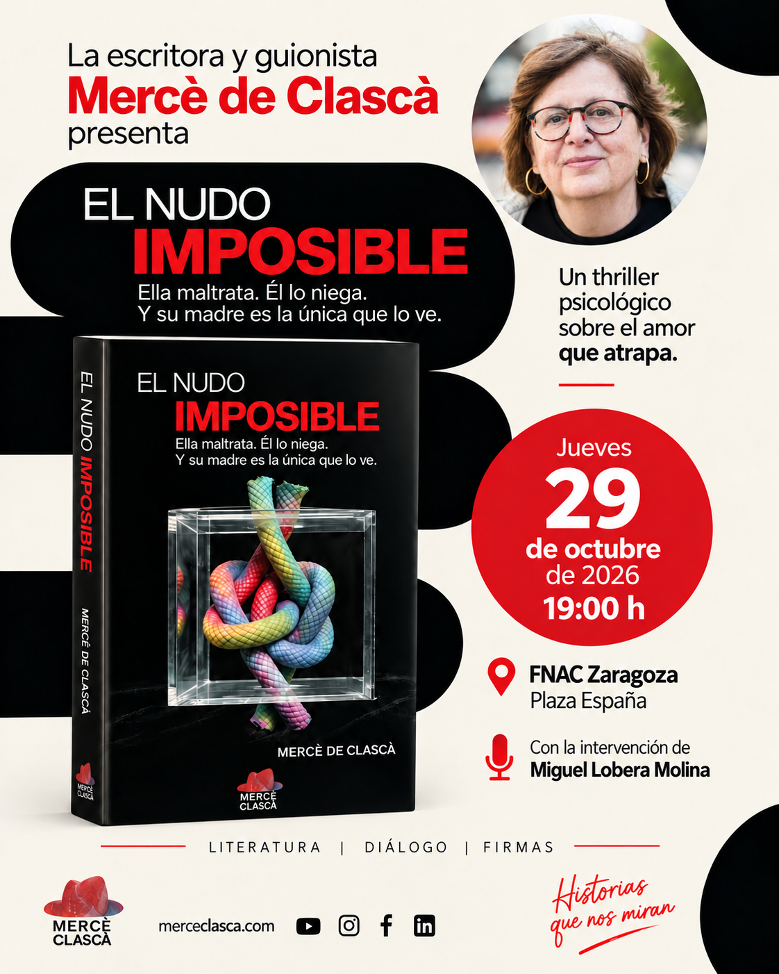 Presentación de El Nudo Imposible en FNAC Zaragoza, Plaza España. Jueves 29 de octubre de 2026, 19:00 h, con Miguel Lobera Molina